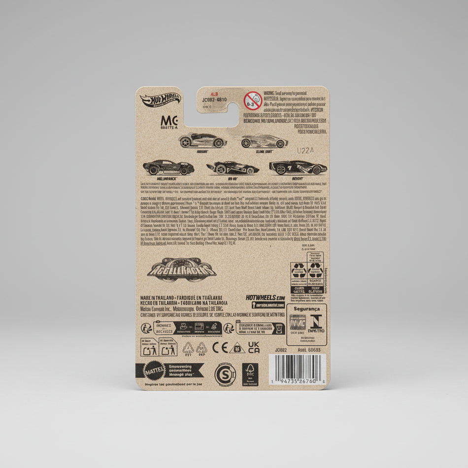 Back view of a Hot Wheels toy car packaging with branding and product details.