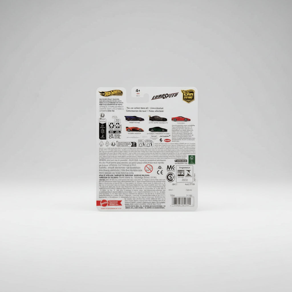 Back of a Hot Wheels toy car packaging with branding and text.