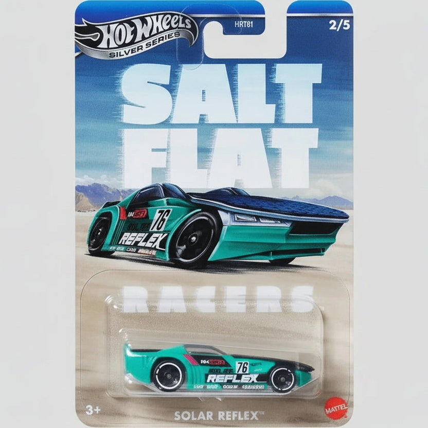 Hot Wheels toy car in packaging with 'Salt Flat' and 'Solar Reflex' text