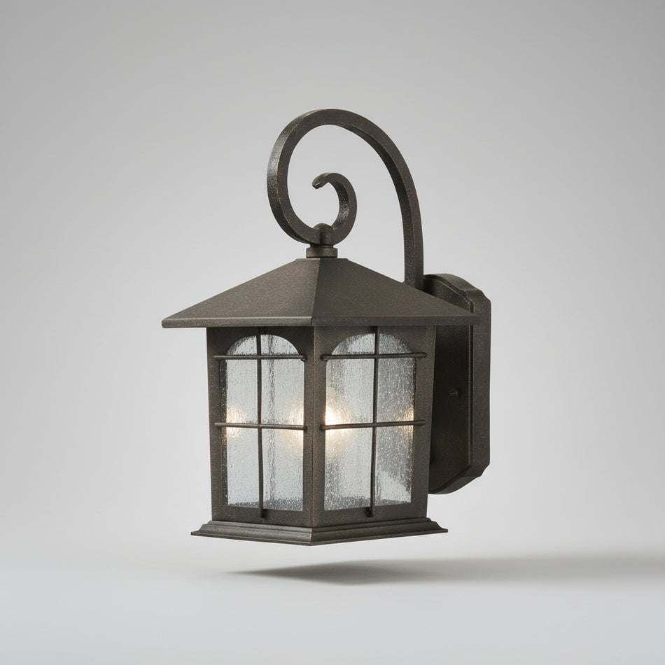 Product packaging for a Home Decorators Collection Brimfield medium exterior wall lantern with dimensions and features listed.