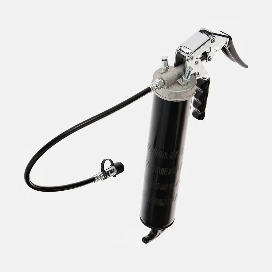 Black grease gun with hose on a white background