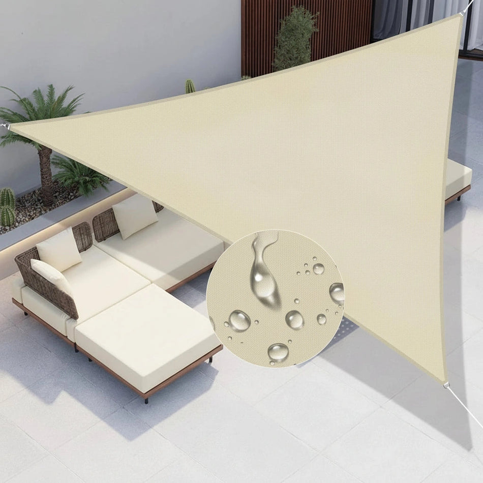 Beige sunshade sail over outdoor furniture with water droplet detail inset.