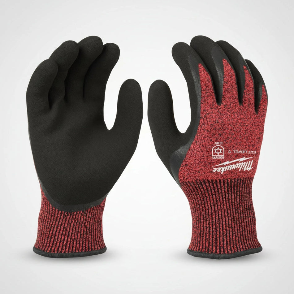 Black and red gloves with a visible brand logo on a white background