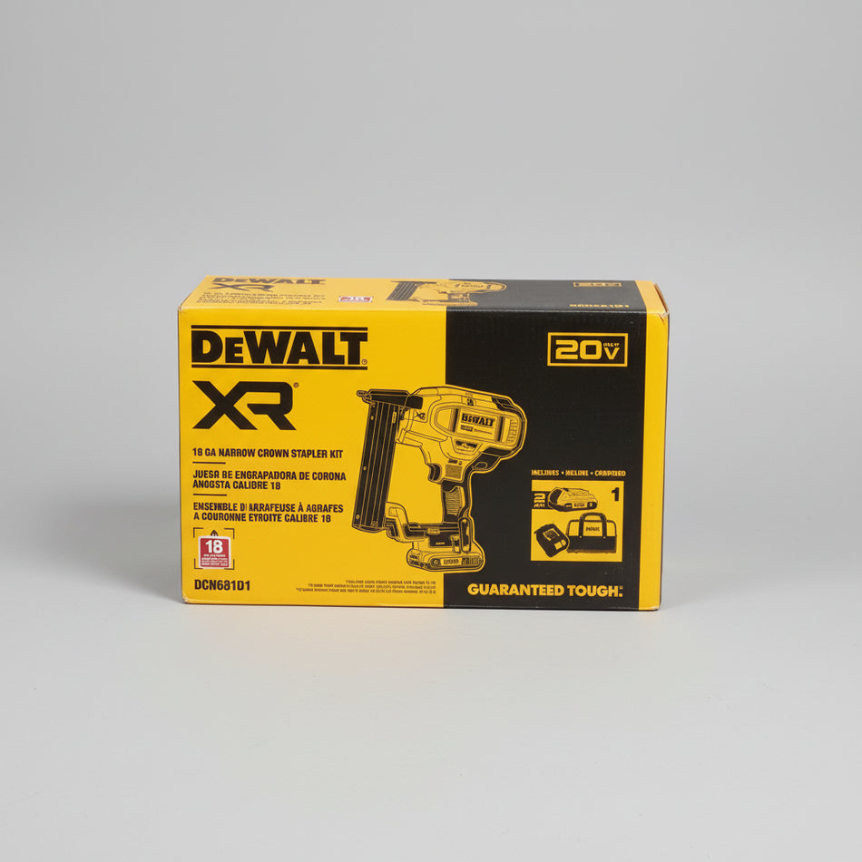 DeWalt XR nail gun kit box on a concrete floor