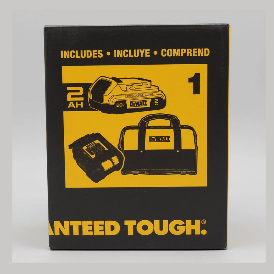 Product packaging with Dewalt tools and text on a brown and yellow background