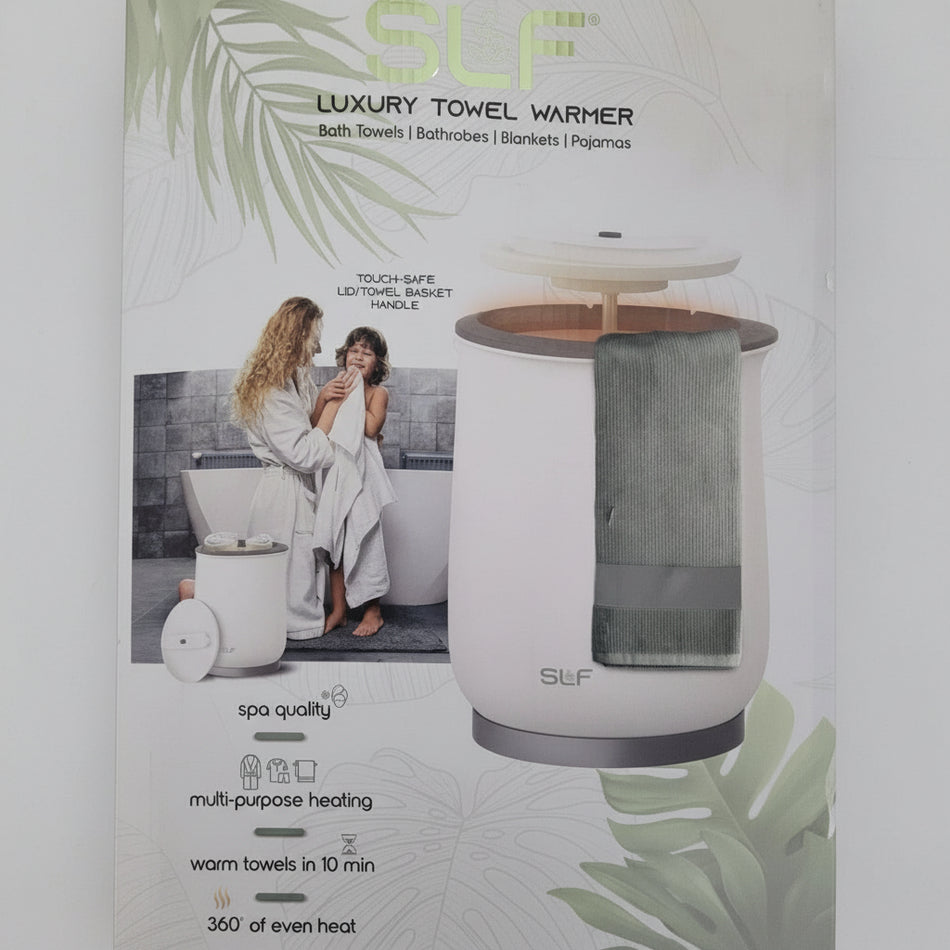 SLF luxury towel warmer with a woman in a bathrobe next to a bathtub.