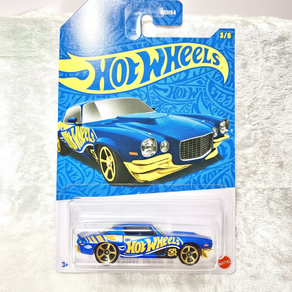 Hot Wheels toy car in blue and yellow packaging on a textured white background
