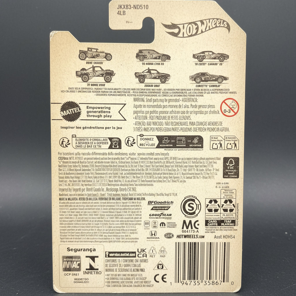 Back of a Hot Wheels packaging with branding and product details on a textured white background