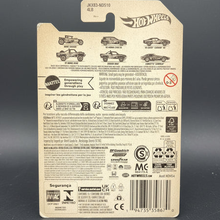 Back of a Hot Wheels packaging with branding and product details on a textured white background