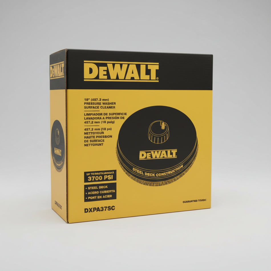 DeWalt pressure washer surface cleaner packaging with yellow and black design.