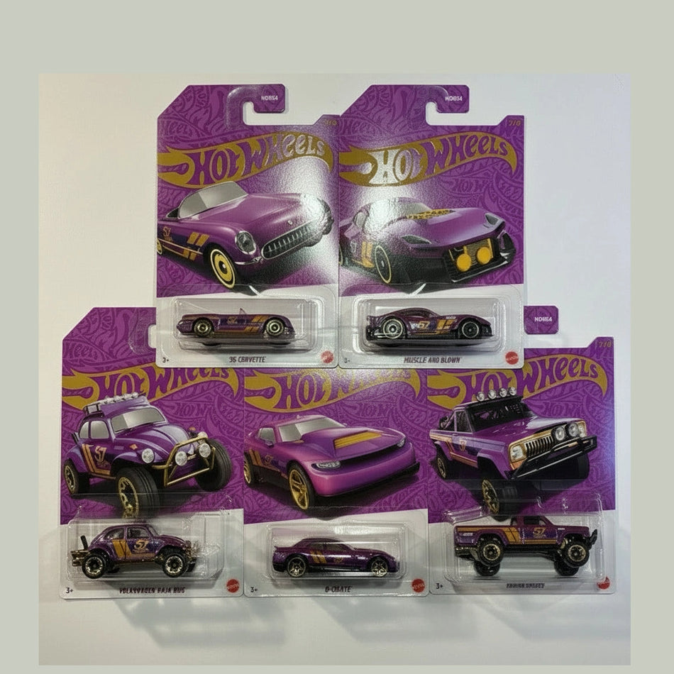Hot Wheels toy car set with purple and gold cars in packaging on a white background