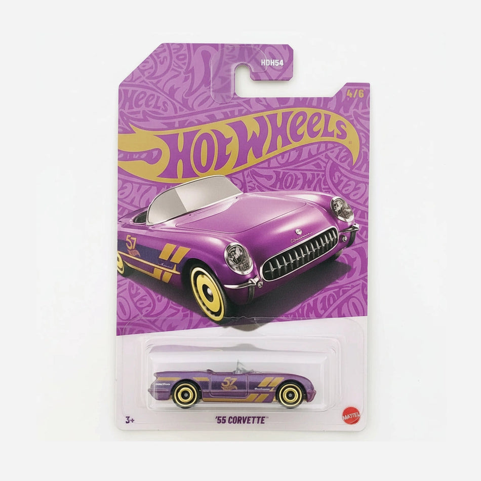 Hot Wheels '55 Corvette in packaging with purple and yellow design