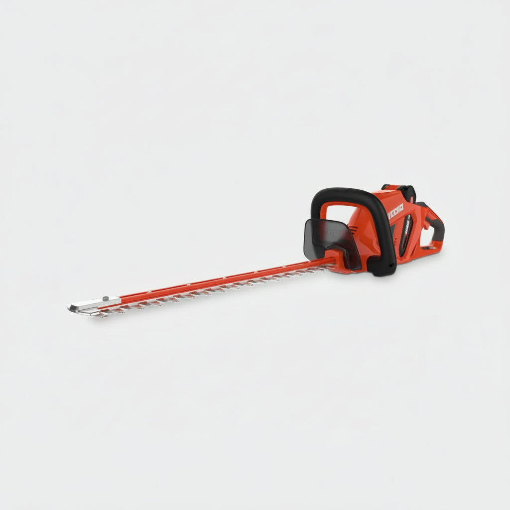 Red and black hedge trimmer on a white background