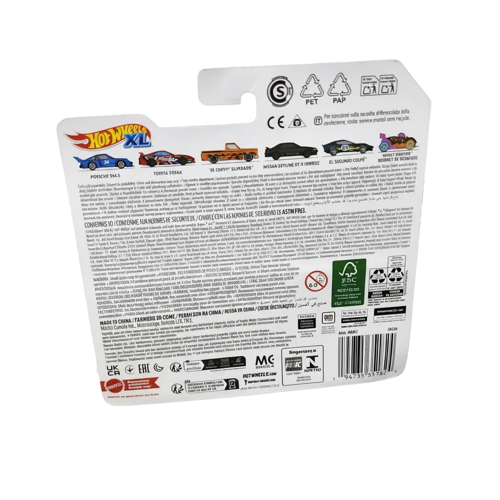 Hot Wheels XL packaging with toy cars on a miniature race track background
