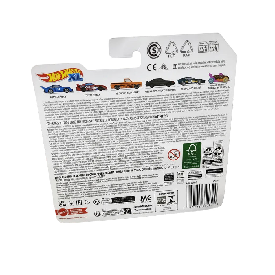 Hot Wheels XL packaging with toy cars on a miniature race track background