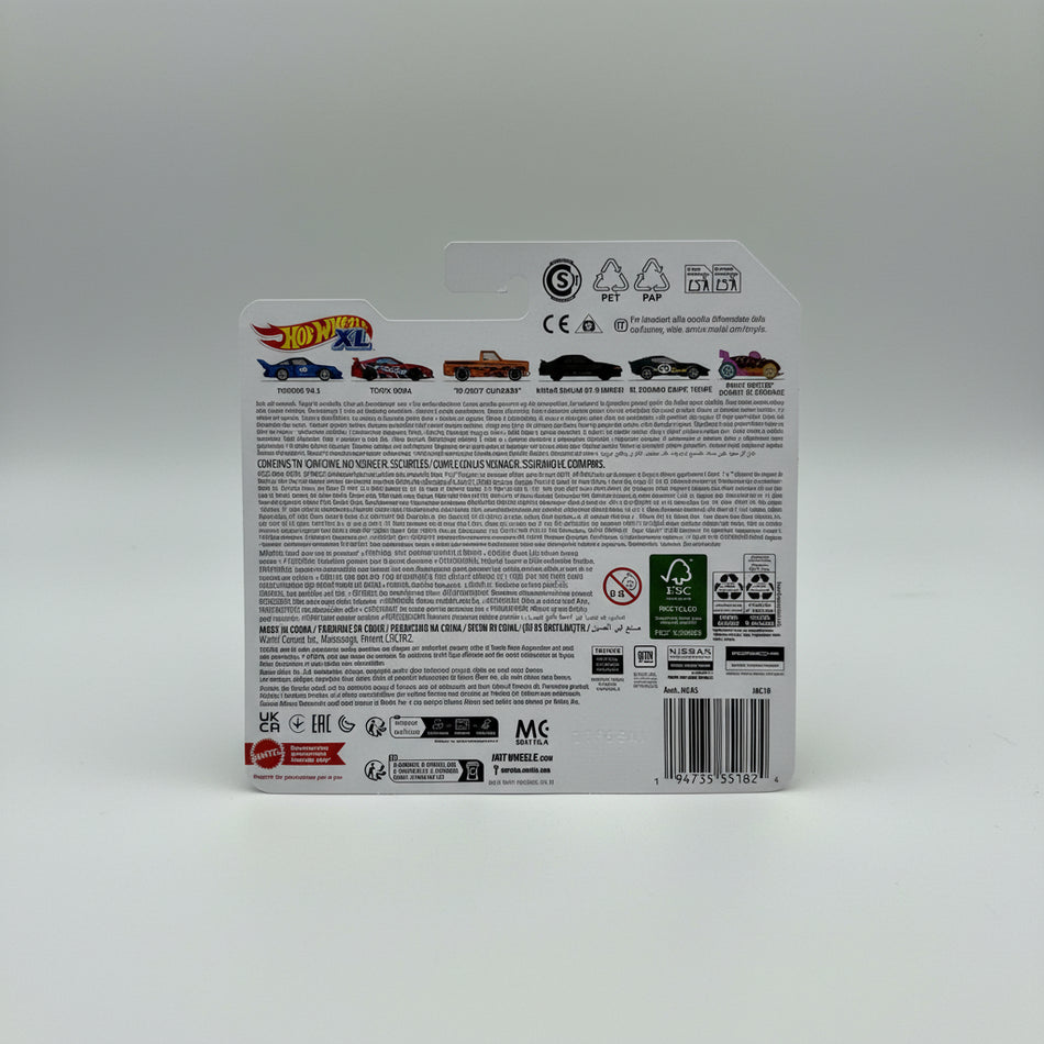 Back of a Hot Wheels packaging with branding and product information on a white background