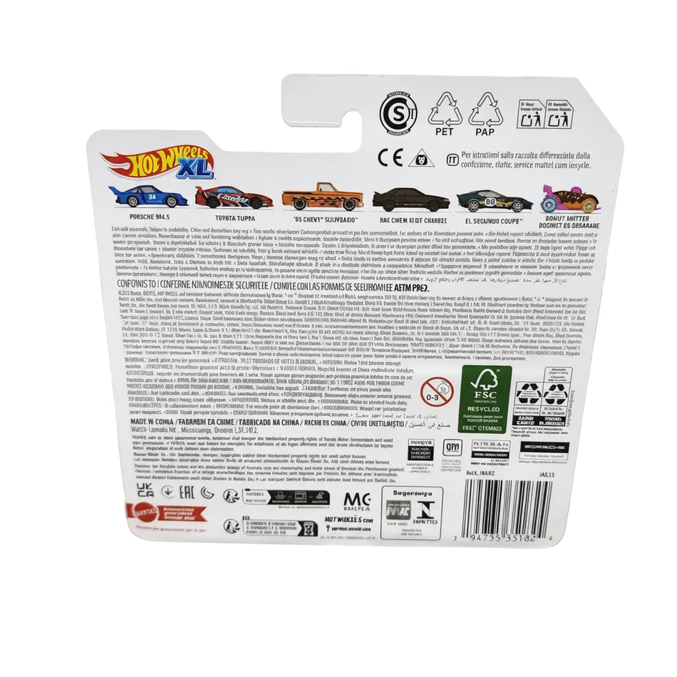 Back of a Hot Wheels toy car packaging with branding and recycling information.