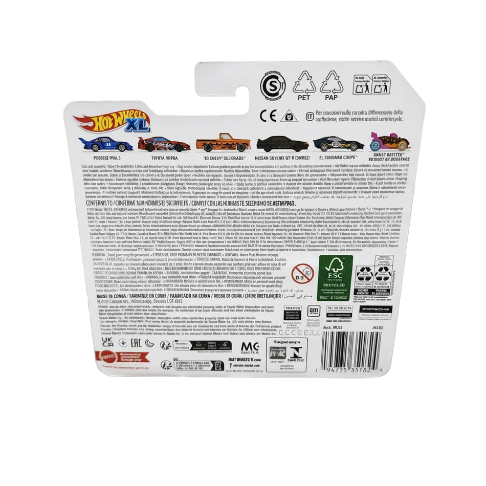 Back of a Hot Wheels toy car packaging with race track in the background