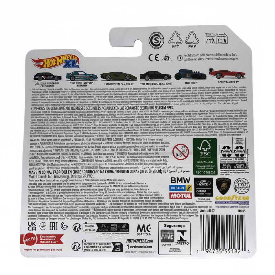 Back of a Hot Wheels toy car packaging with branding and product information.