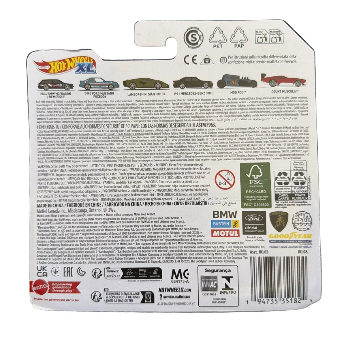 Back of a Hot Wheels toy car packaging with branding and product information.