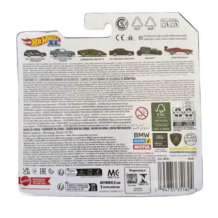 Back of a Hot Wheels toy car packaging with branding and product information.