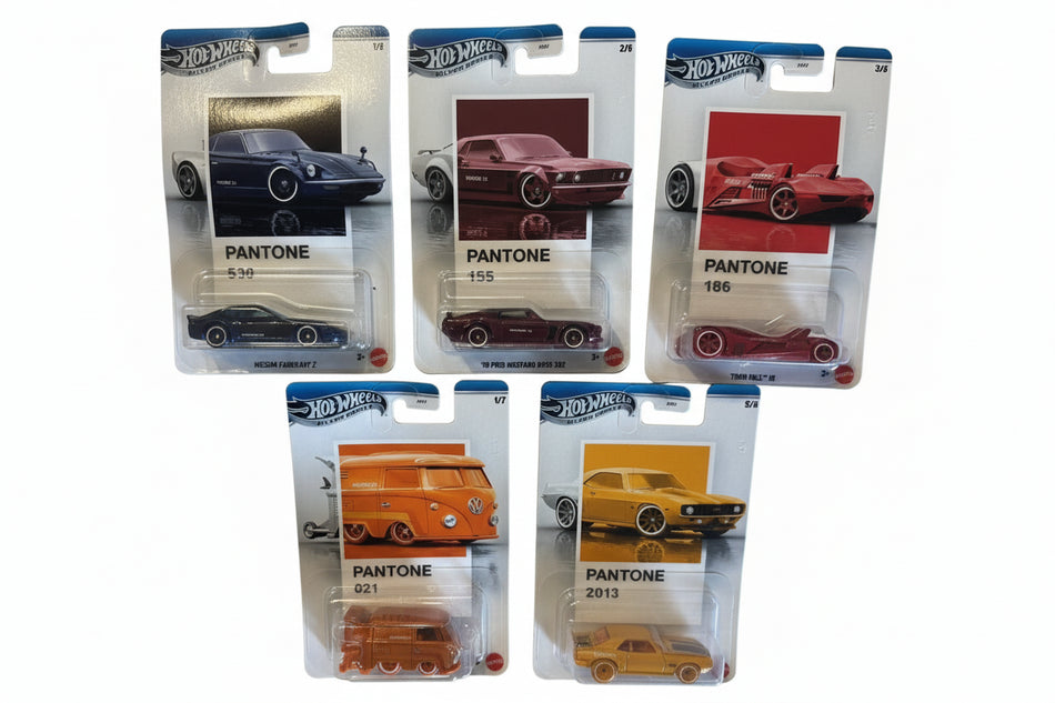 Collection of Hot Wheels cars in Pantone packaging on a light background