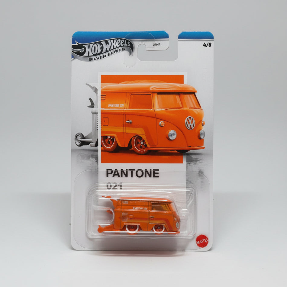 Hot Wheels Volkswagen van in Pantone 021 packaging on a gray background