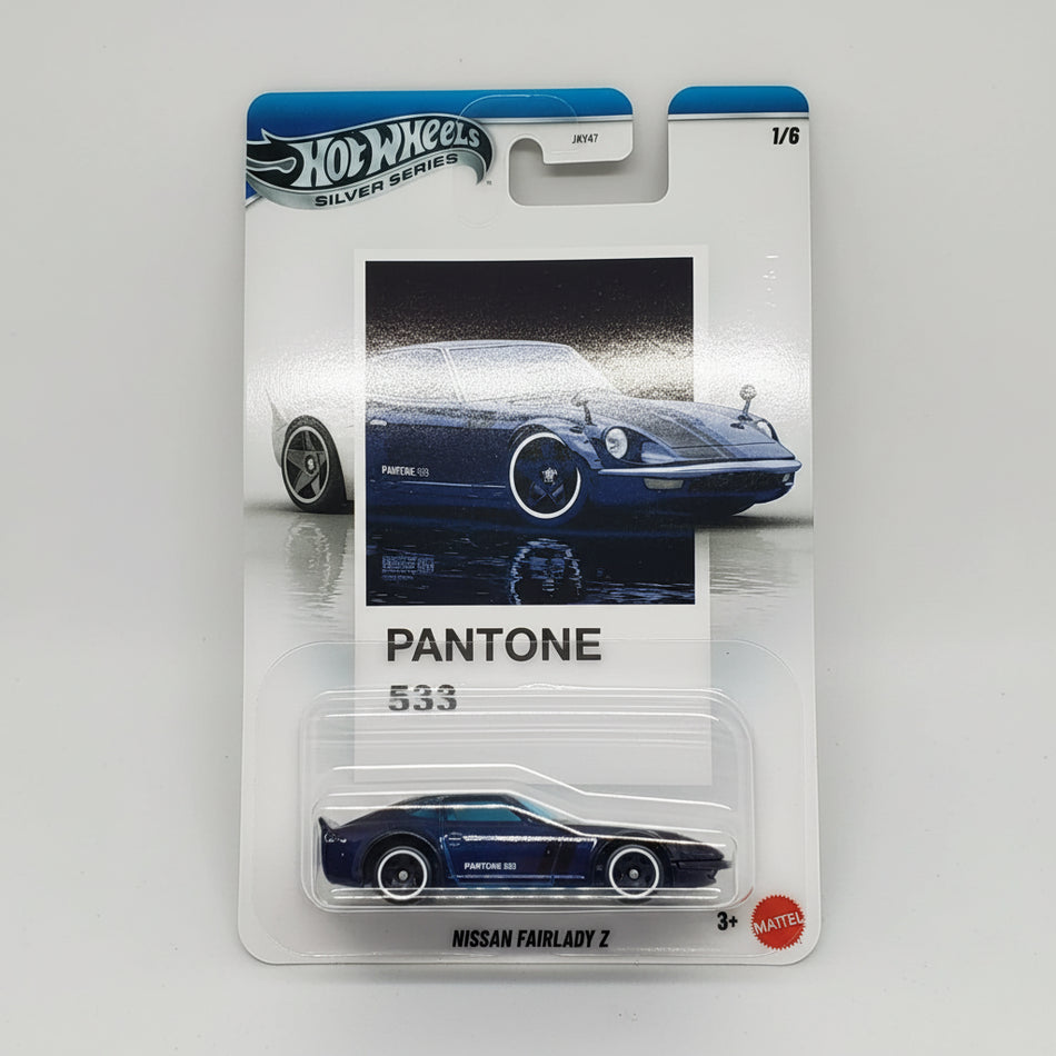 Hot Wheels Nissan Fairlady Z in Pantone 533 packaging with Mattel logo.