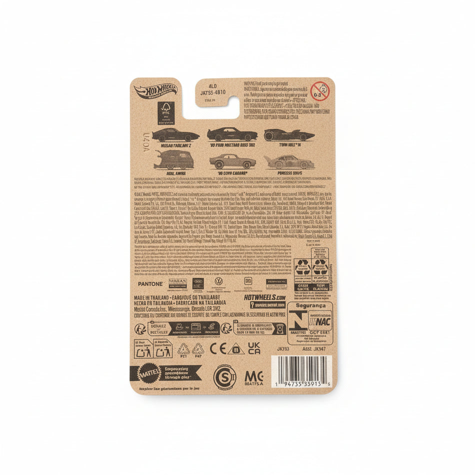 Back of a Hot Wheels packaging with branding and product details on a wooden surface