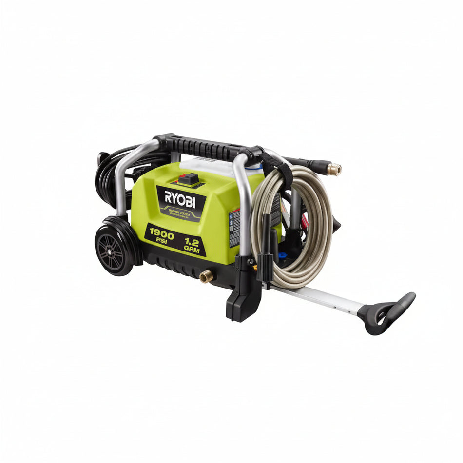 Ryobi pressure washer with hose on a white background
