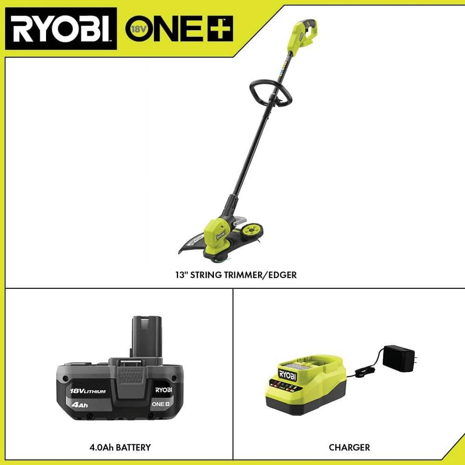 Ryobi P20180 ONE+ 18V 13" Battery String Trimmer/Edger w/4Ah Battery & Charger USED.