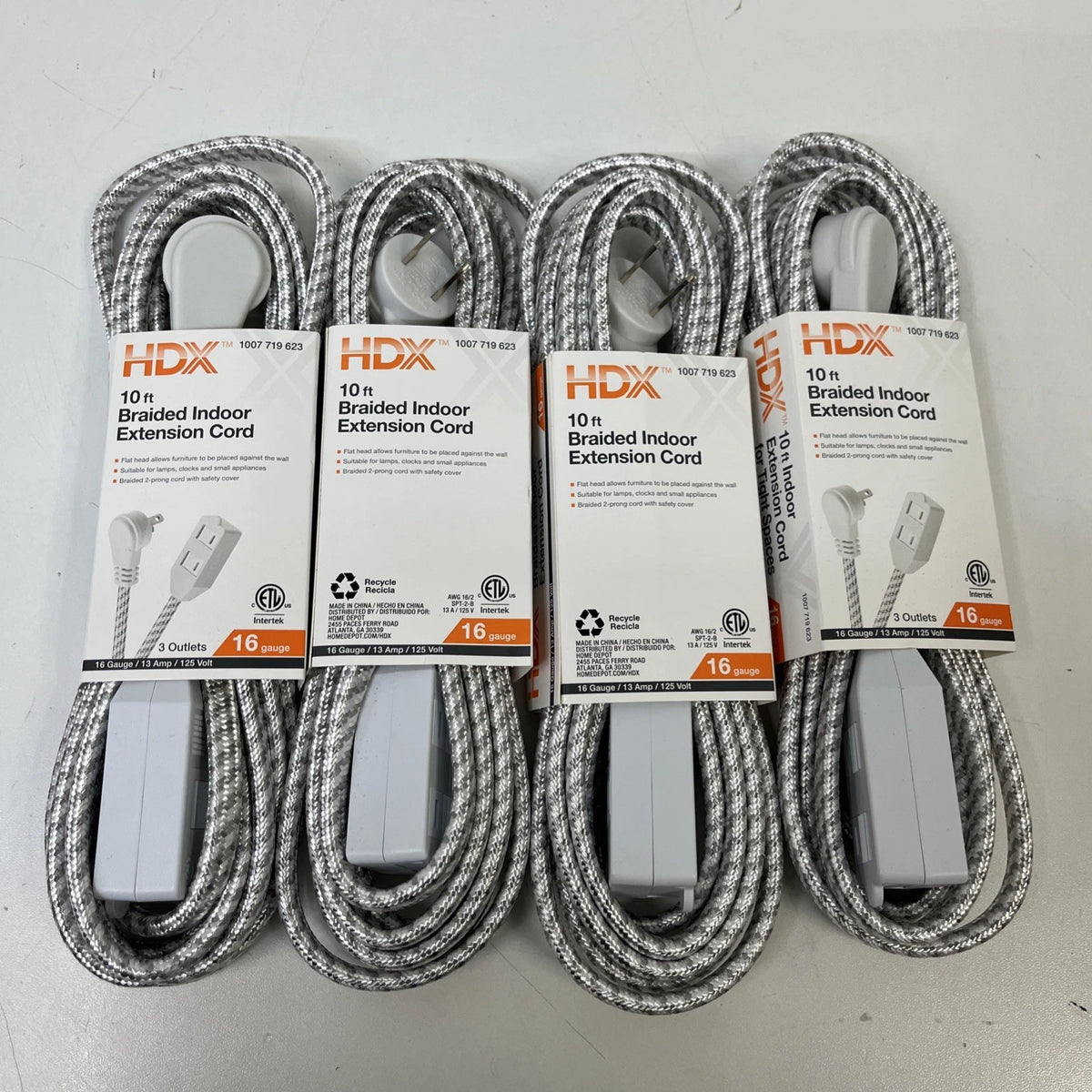 4-HDX NEW 10 ft. 16-Gauge/2 White Braided Extension Cord Indoor - 3 Outlets