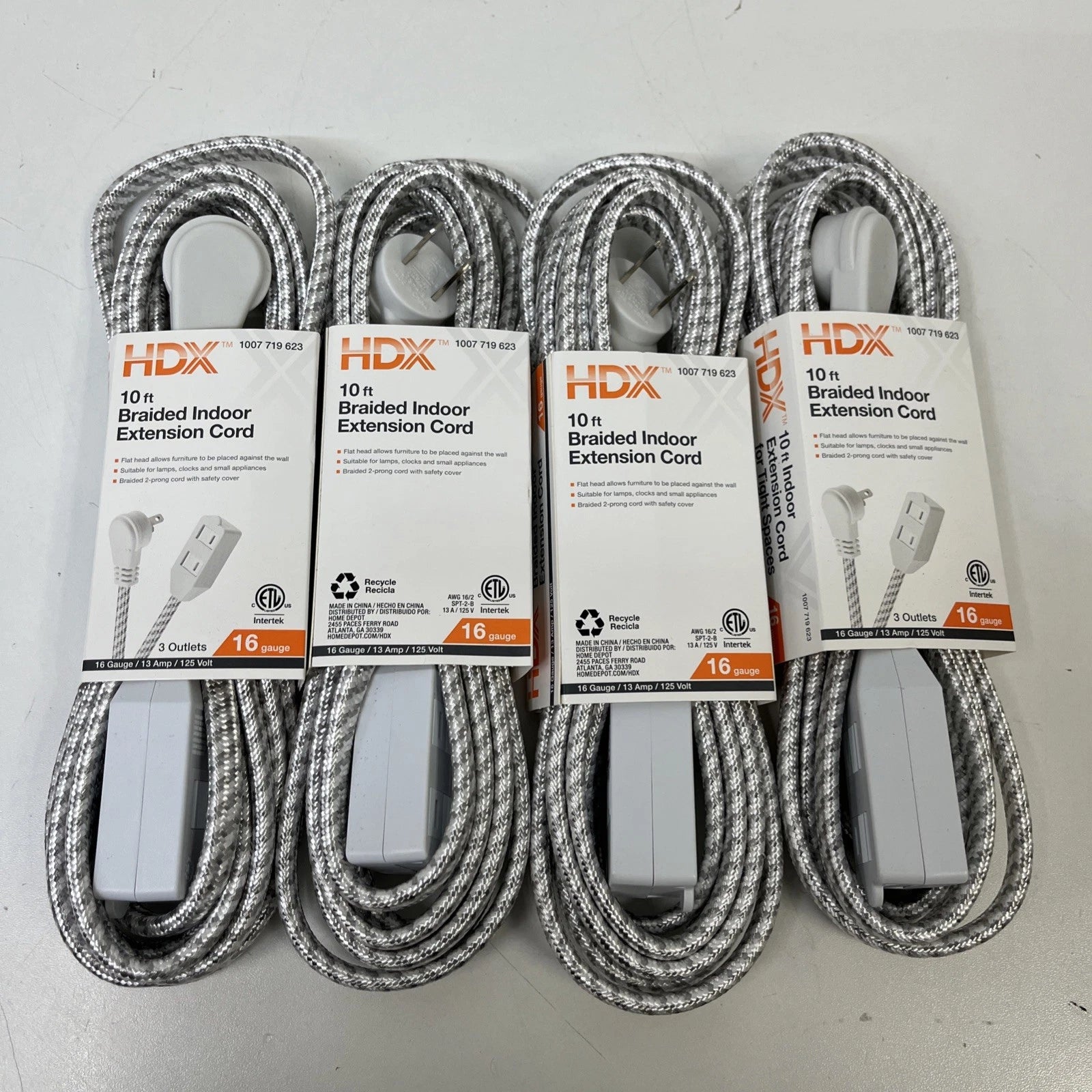 4-HDX NEW 10 ft. 16-Gauge/2 White Braided Extension Cord Indoor - 3 Outlets