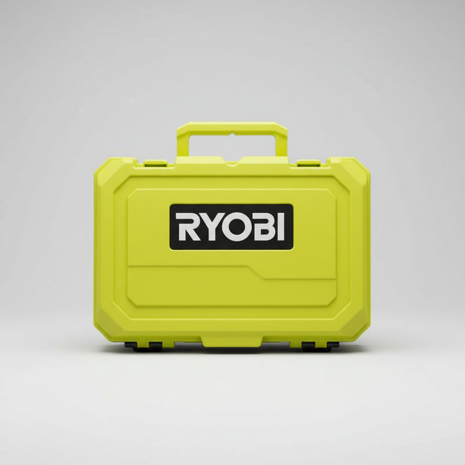Yellow Ryobi tool case on a green textured background