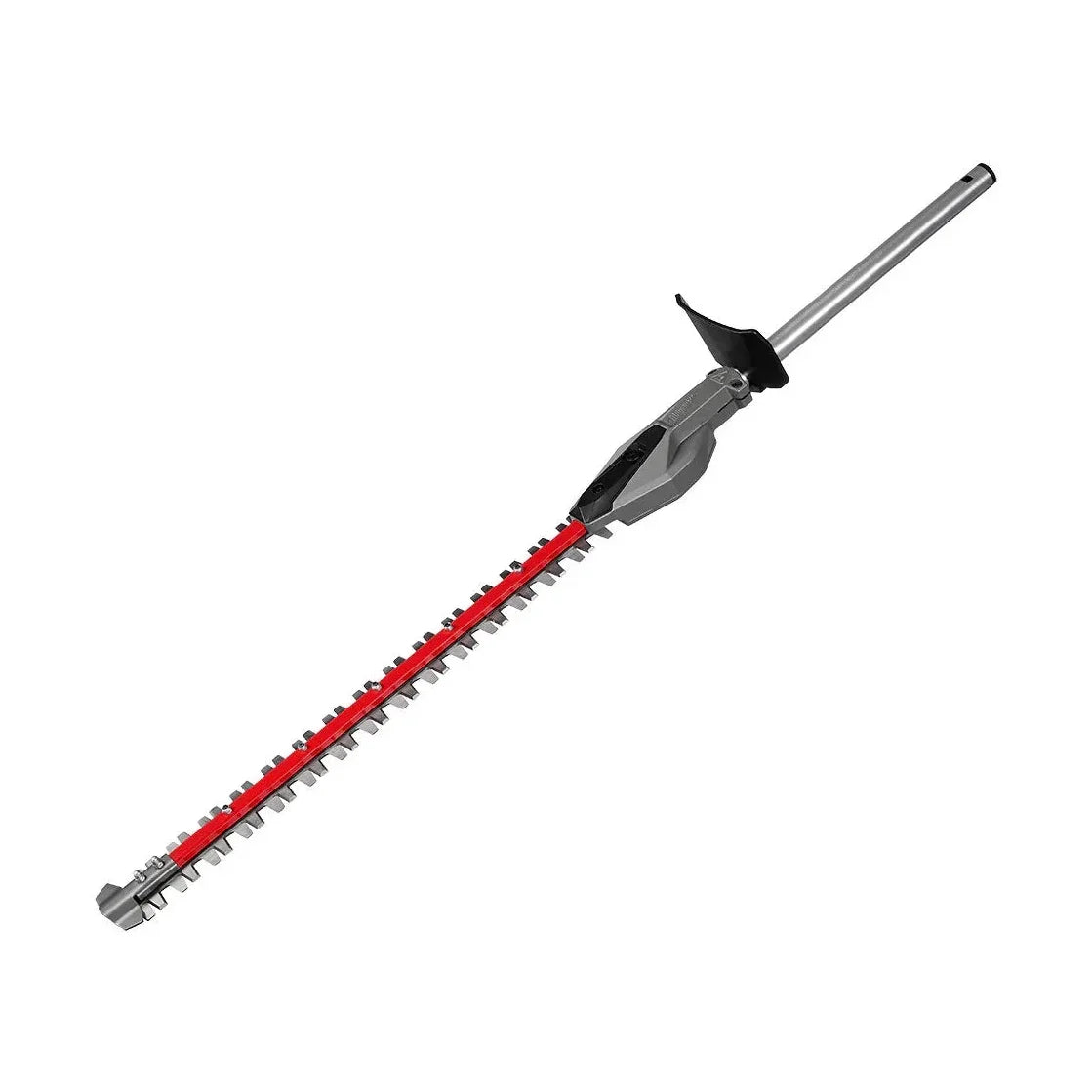 Hedge trimmer with red cutting blade on a white background