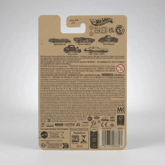 Back of a Hot Wheels toy car packaging with branding and text.
