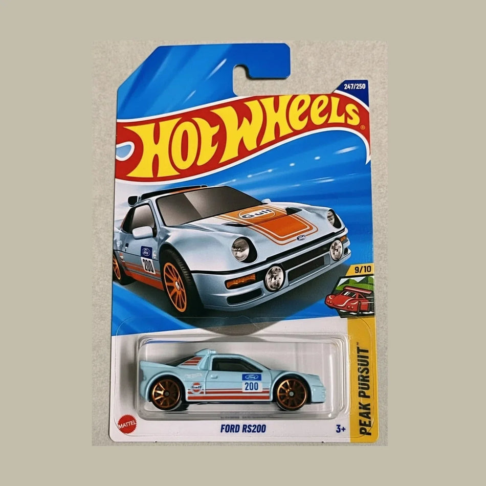 Hot Wheels Ford RS200 toy car in packaging on a beige background
