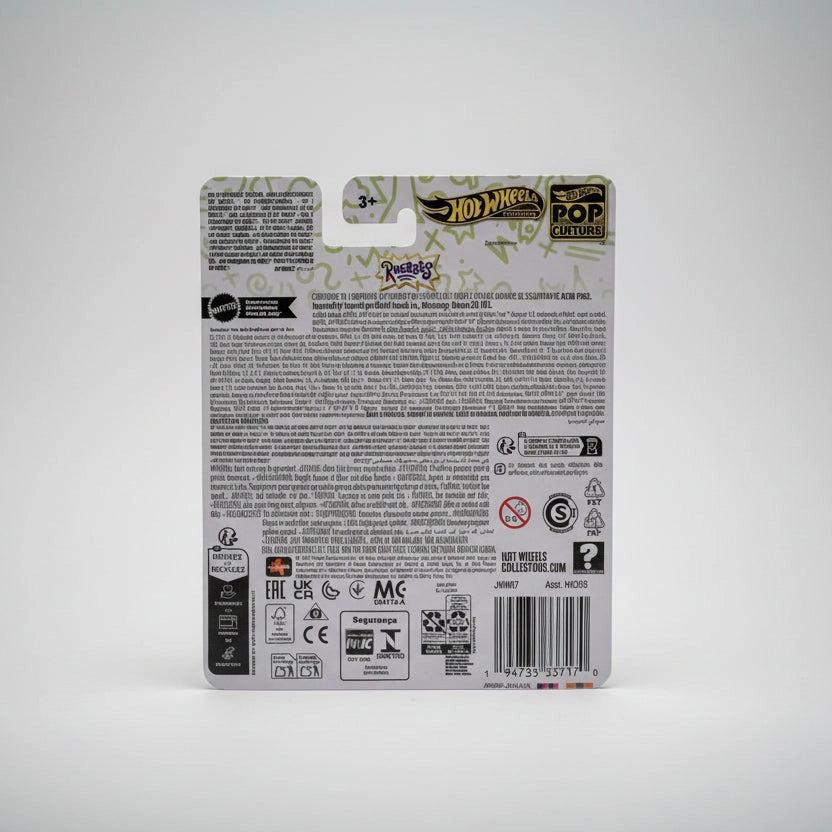 Back view of a Hot Wheels packaging with branding and product details on a gray background