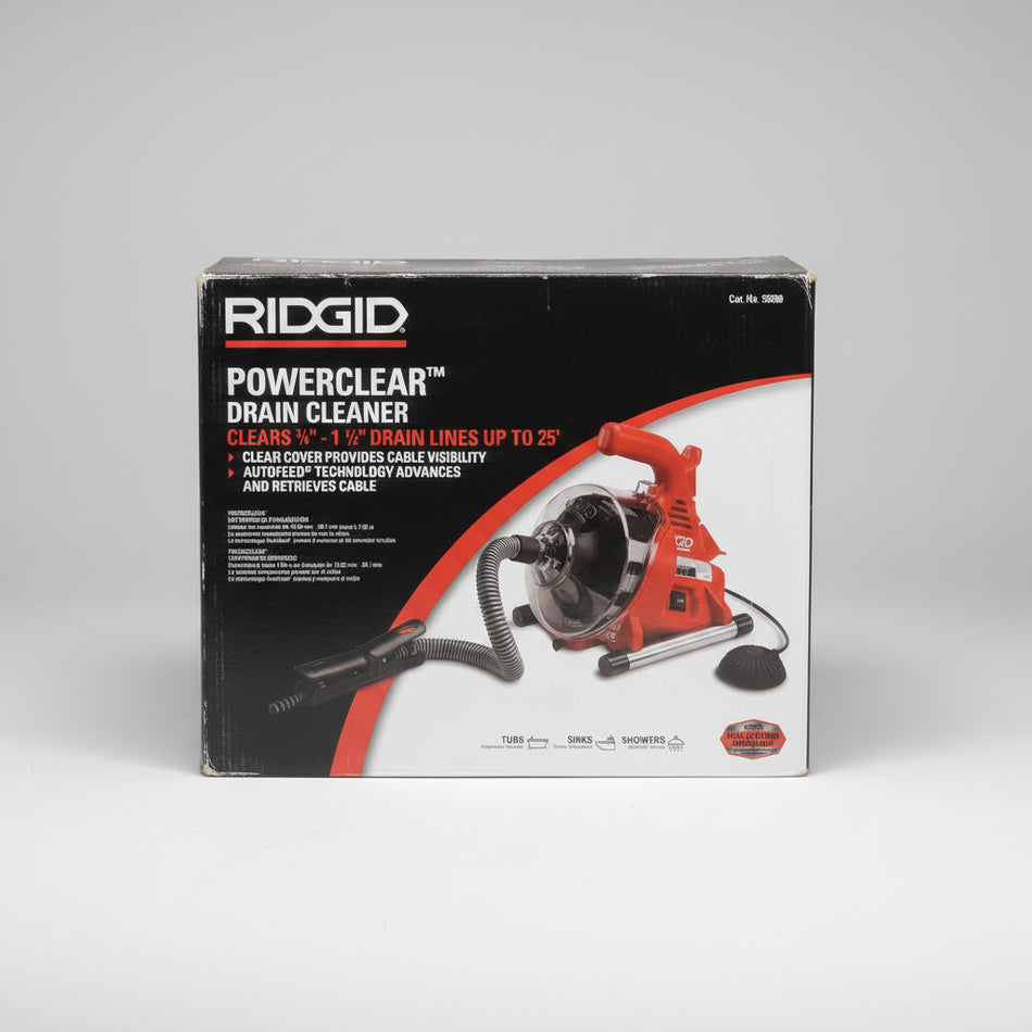 Ridgid PowerClear drain cleaner packaging on a gray background