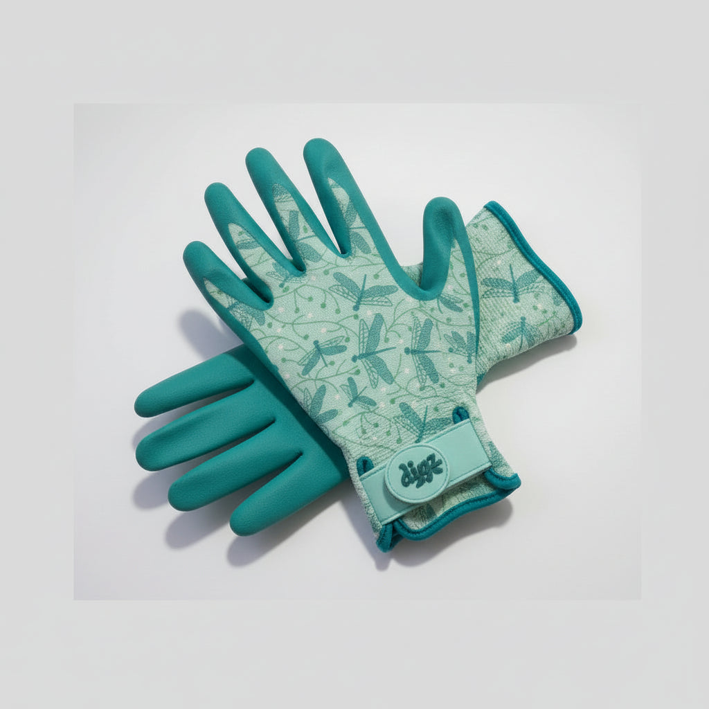 Teal gardening glove with floral pattern on a white background