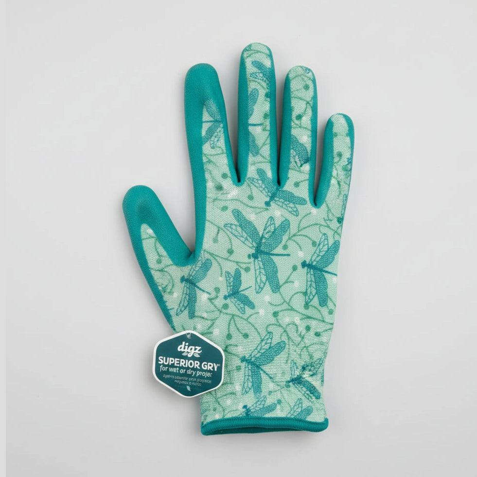 Green gardening glove with dragonfly pattern and 'Superior' label on a beige background
