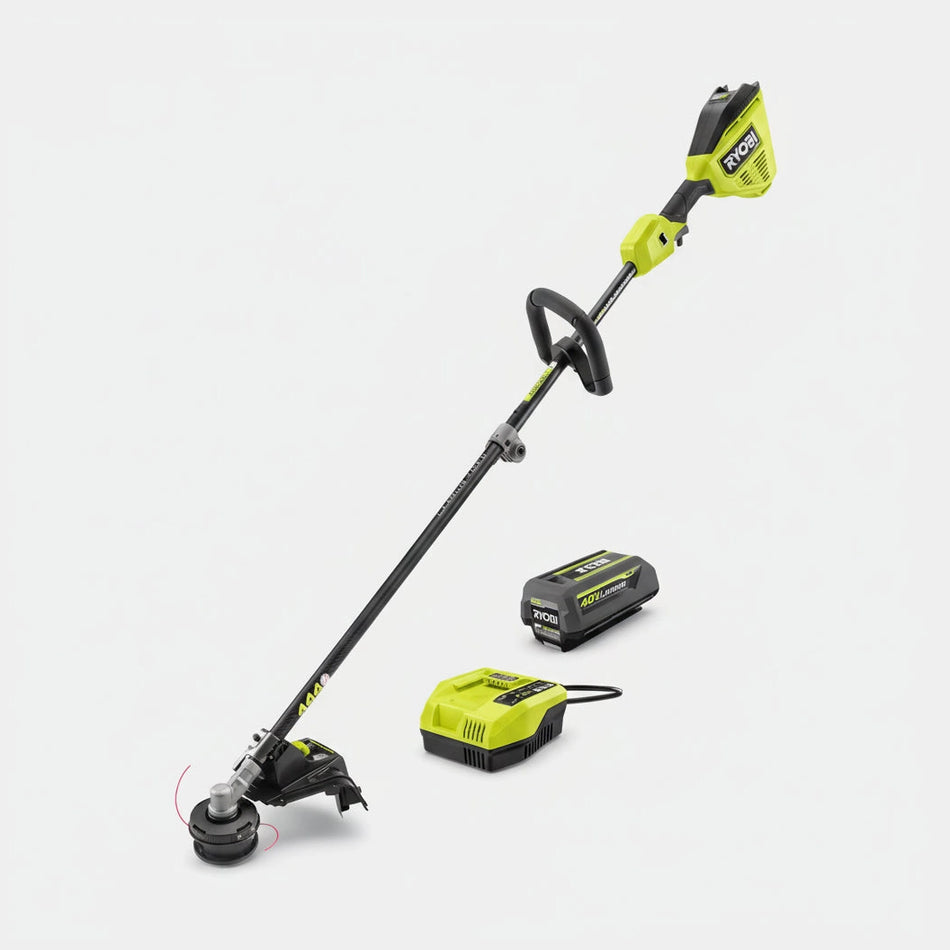 40V HP brushless string trimmer with battery and charger on a white background