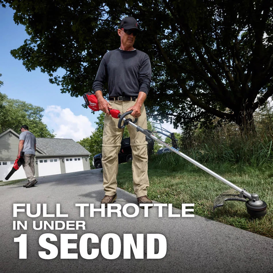 Man using a string trimmer with text 'Full Throttle in Under 1 Second' in a suburban setting.
