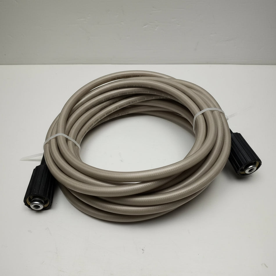 Coiled beige garden hose with black connectors on a white background