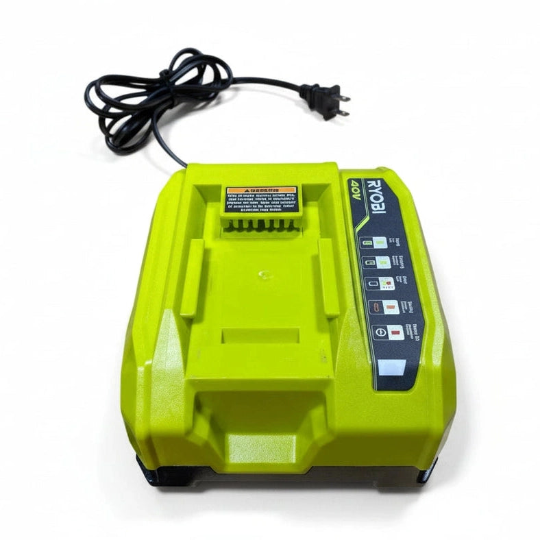 Green power tool battery charger with cord on a white background