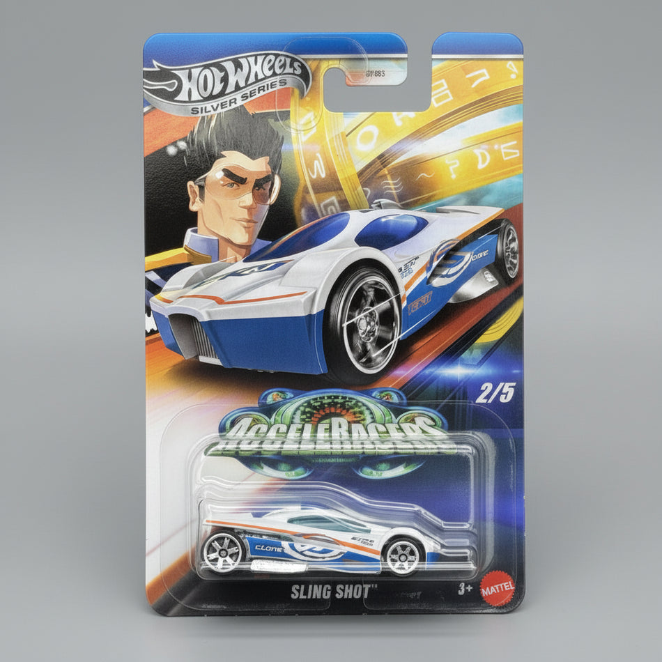 Hot Wheels Sling Shot car in packaging with character and race track design