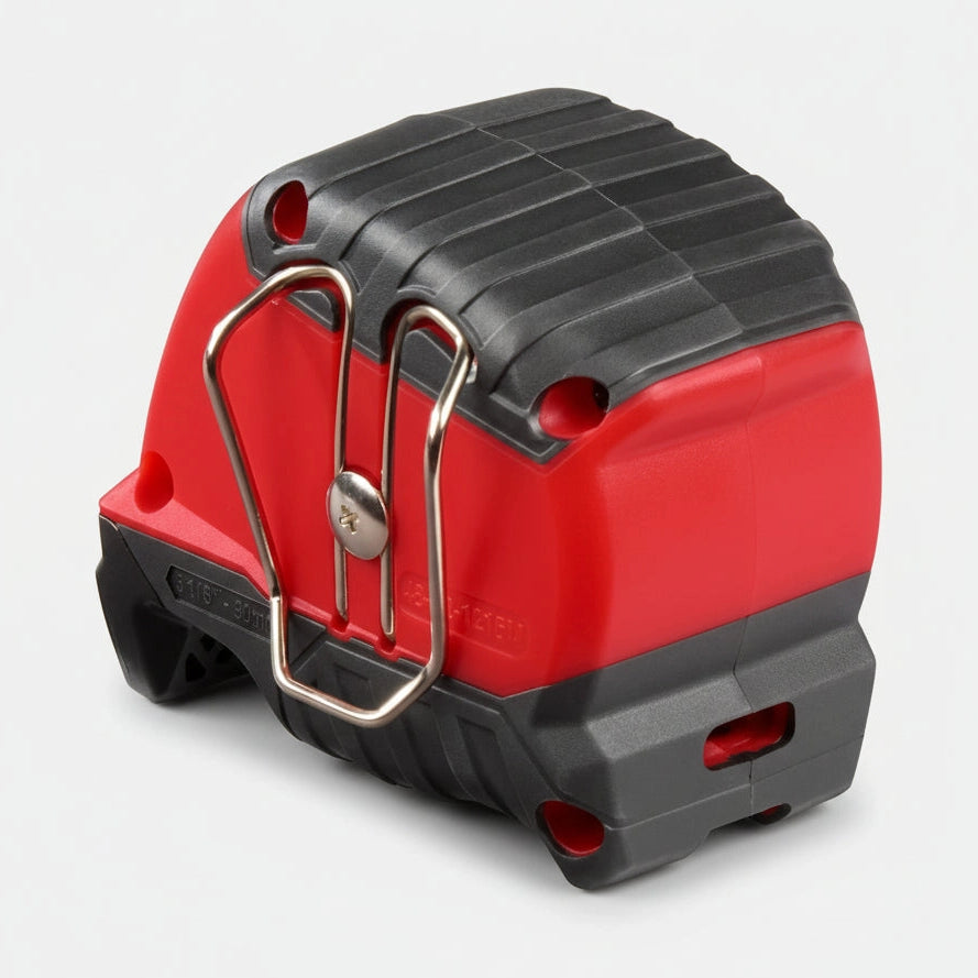 Red and black tape measure with a metal hook on a white background