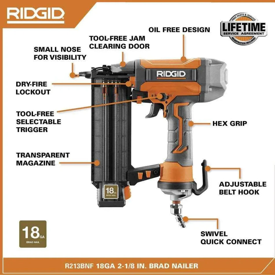 RIDGID Pneumatic 18-Gauge 2-1/8 in. Brad Nailer and Tool Bag USED.