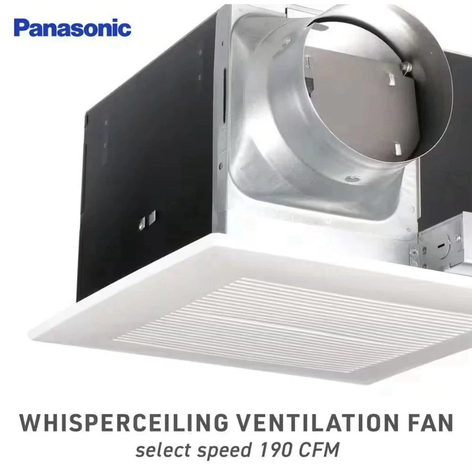 Panasonic WhisperCeiling ventilation fan with text indicating select speed and CFM.