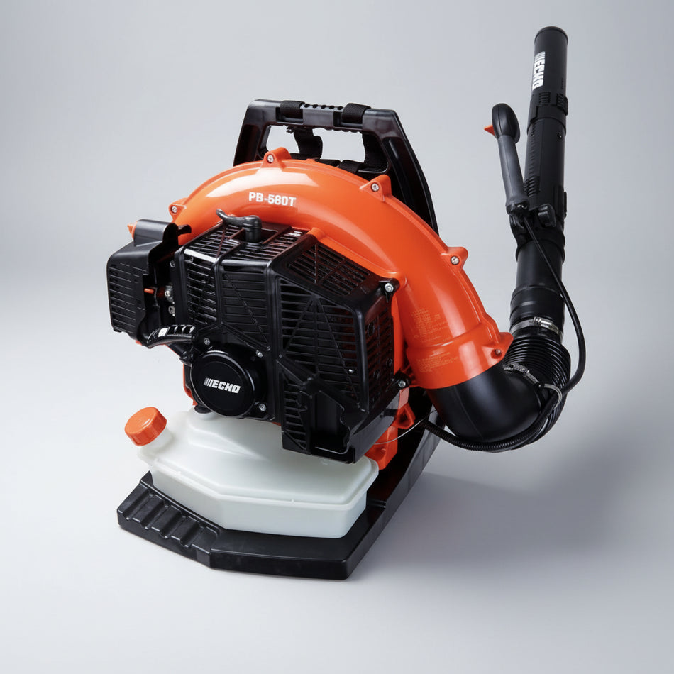 Backpack leaf blower with orange and black design on a white background